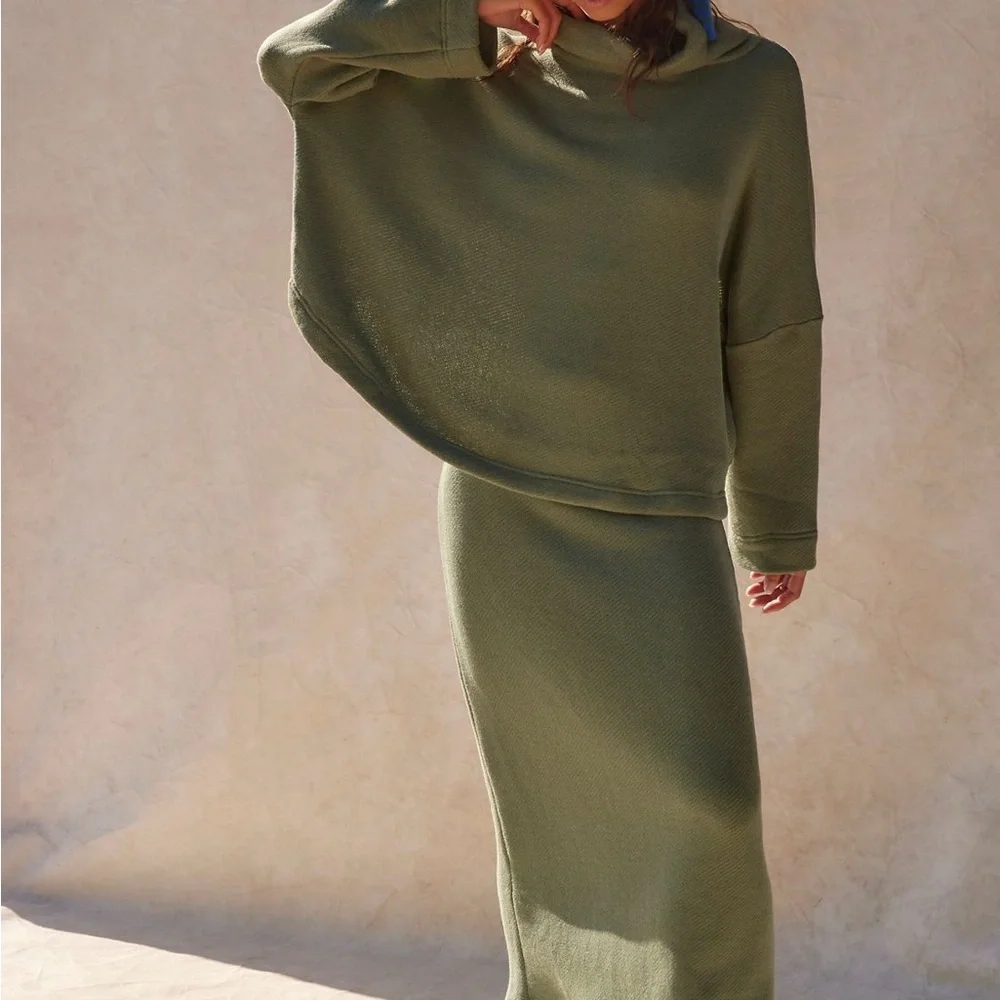 Free People Olive Green Cozy Knit Maxi Skirt and Sweatshirt Set - Picture 2 of 7